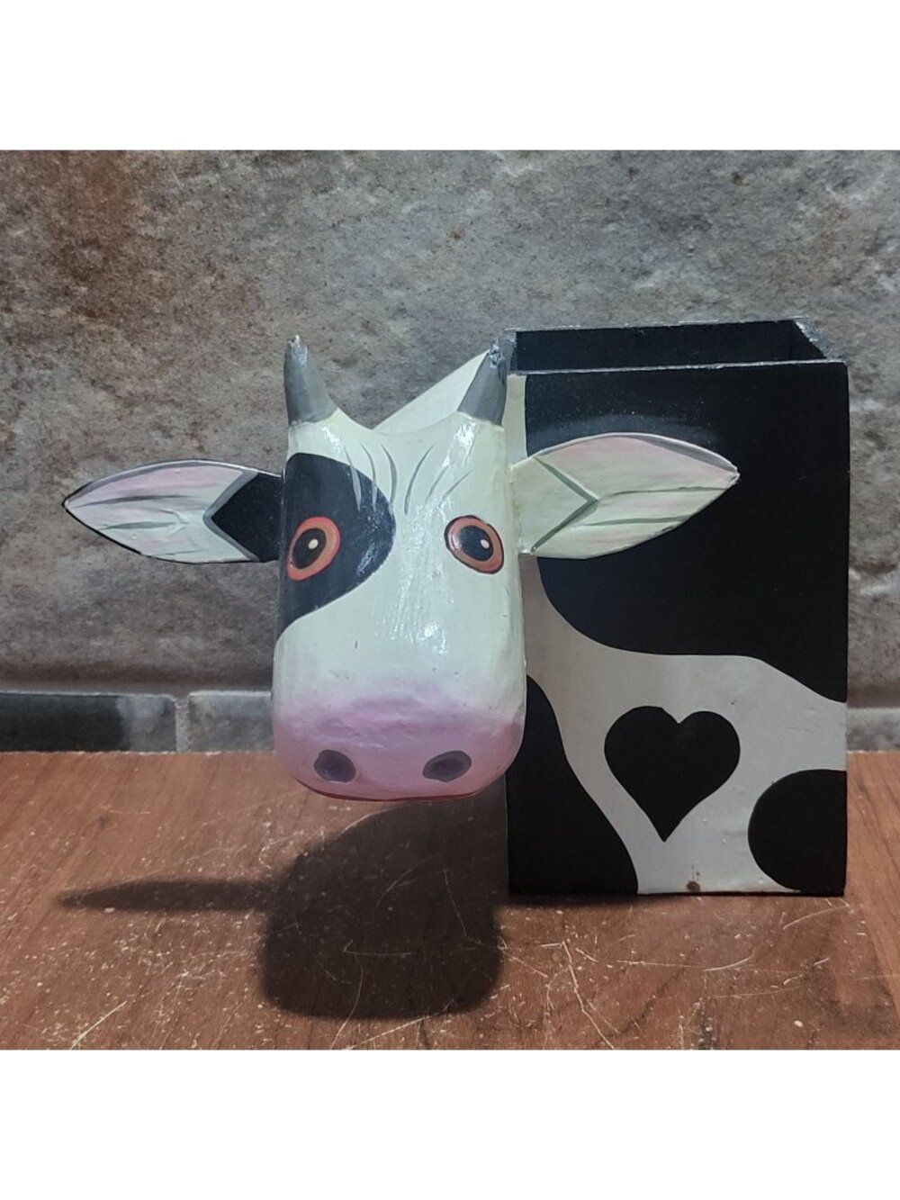 Vintage Wooden Cow Pencil Holder Black White Desk Organizer Decorative Box